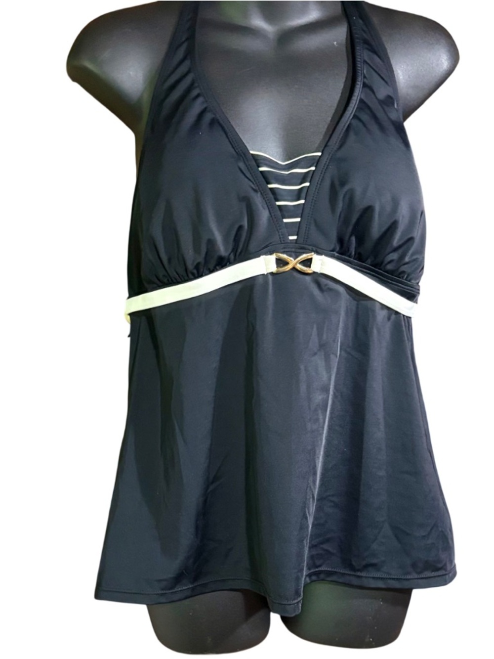 Tropical Escape Black Halter Swim Tankini with Cream Accent missy 14